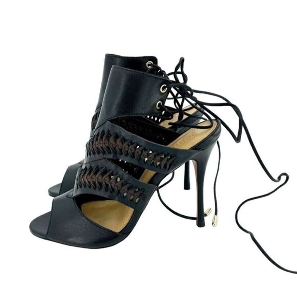 Schutz Robin Black Leather Cut Out High Heel Dress Sandals Stiletto 7.5 NIB